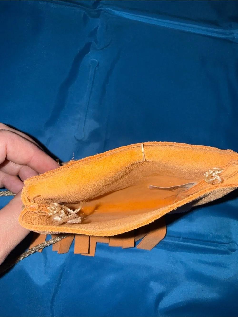 Handcrafted Orange Suede Fringe Crossbody Bag with Floral Design Made in Mexico